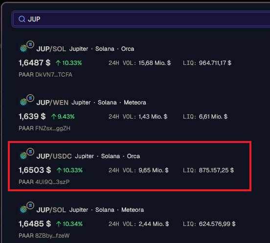 Jupiter DEX trading pair lookup