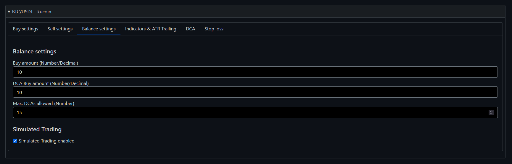 Simulated Trading Settings